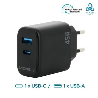 Mobilis Wandladeger&auml;t  - 45W - 1 USB A + 1 USB C - GaN. MOQ 10 un. 001363